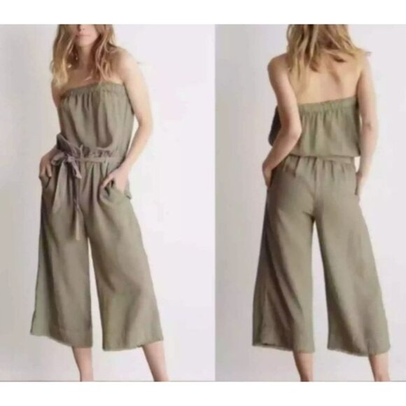 Cloth & Stone Strapless Olive Green Tencel Jumpsuit w/ Belt & Pockets Small - Picture 1 of 13